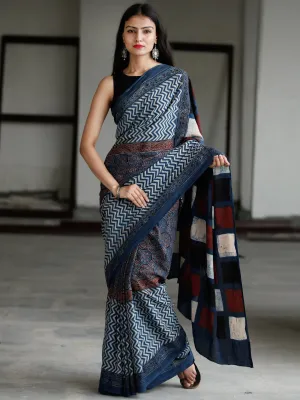 Indigo Maroon Black Ivory Ajrakh Hand Block Printed Cotton Saree in Natural Colors - S031703736