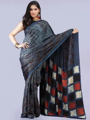 Indigo Maroon Black Ivory Ajrakh Hand Block Printed Modal Silk Saree - S031704264