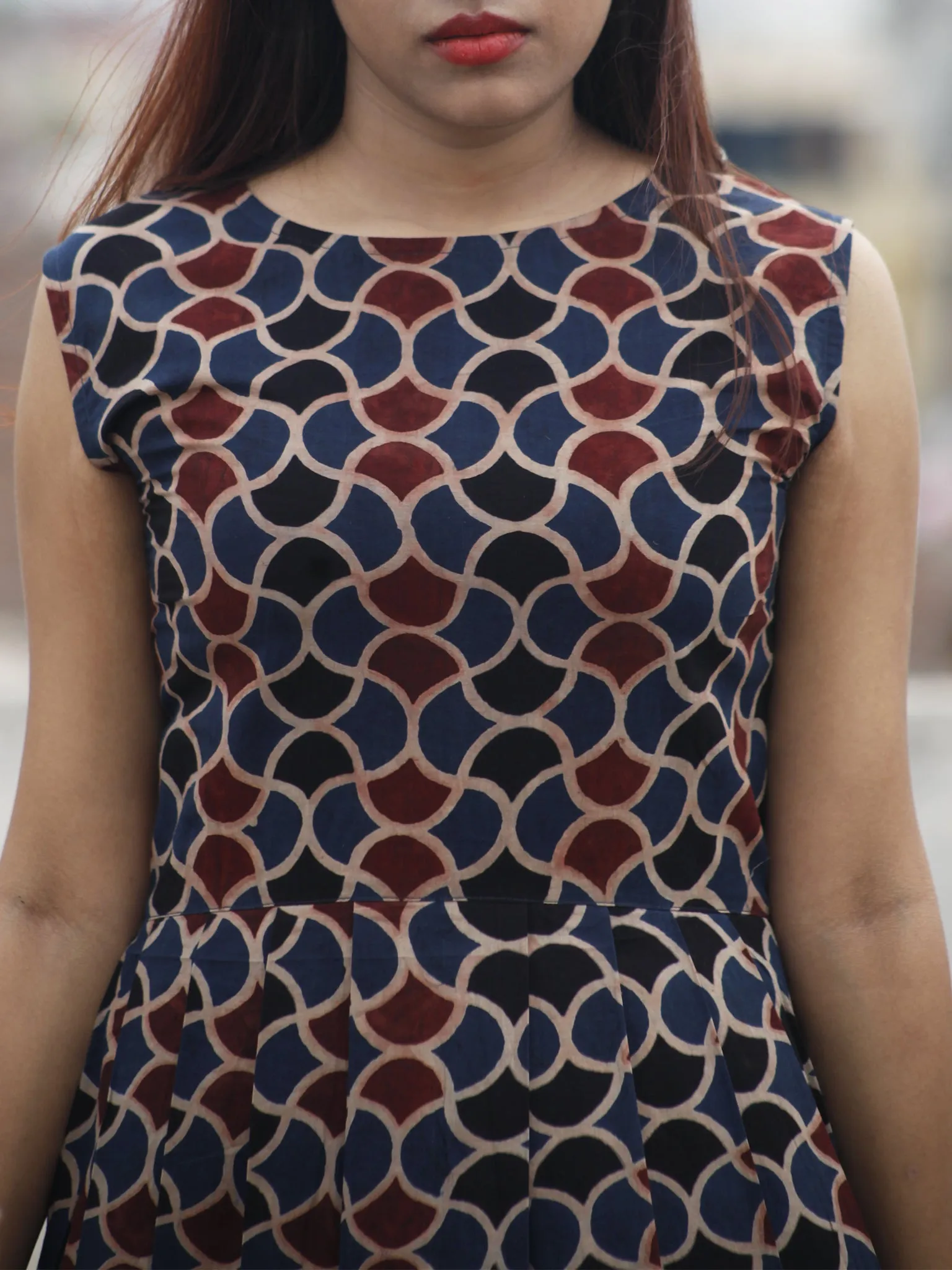 Indigo Maroon Black Long Ajrakh Hand Block Printed Cotton Dress With Knife Pleats & Side Pockets - D32F636