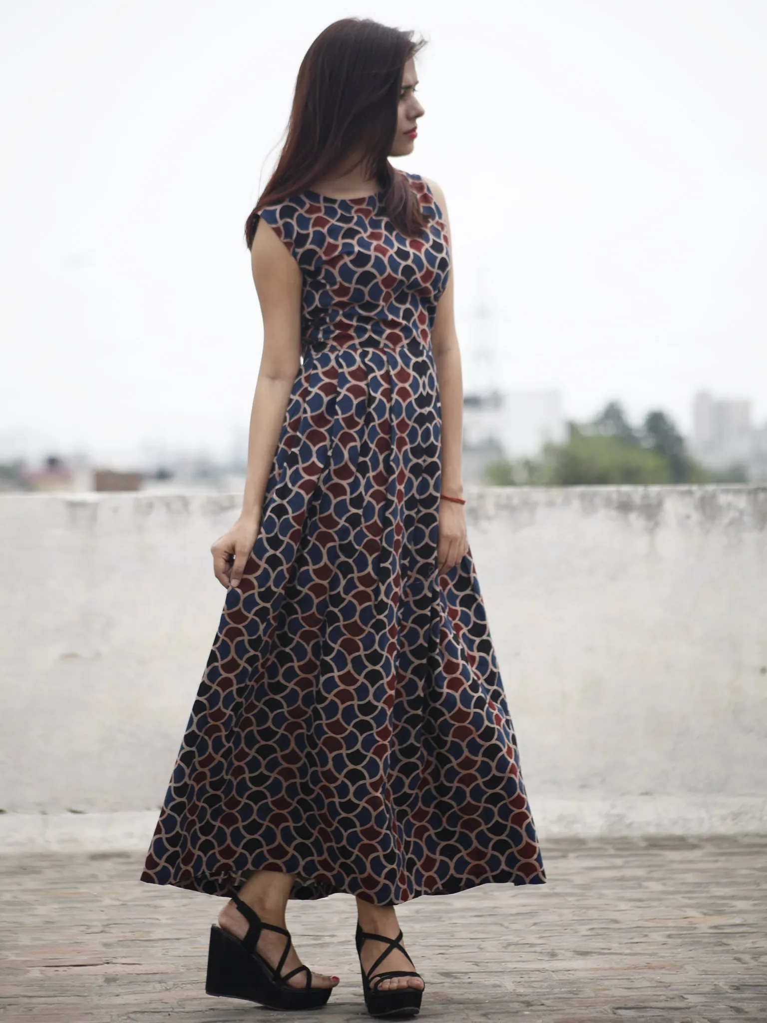 Indigo Maroon Black Long Ajrakh Hand Block Printed Cotton Dress With Knife Pleats & Side Pockets - D32F636