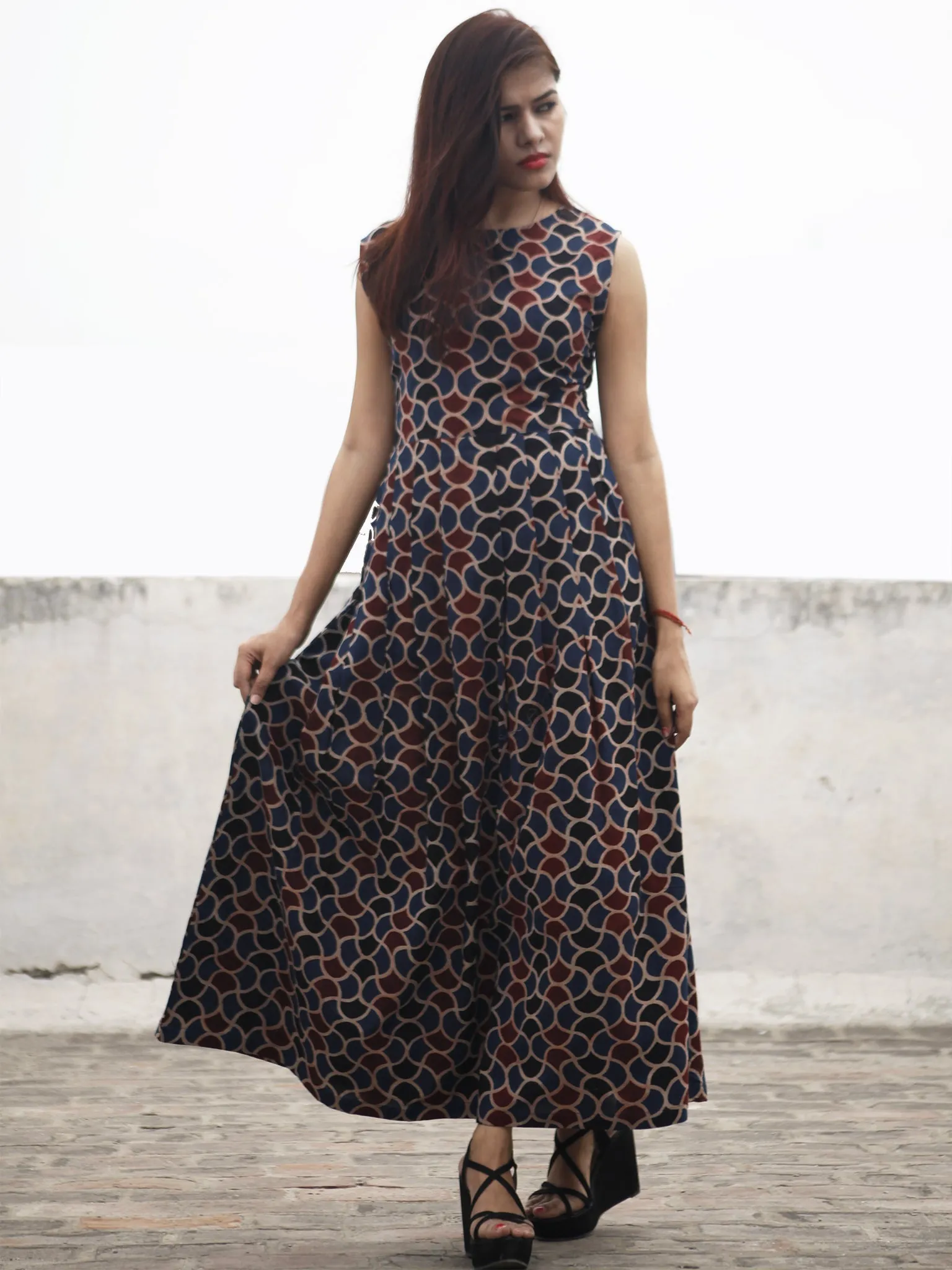 Indigo Maroon Black Long Ajrakh Hand Block Printed Cotton Dress With Knife Pleats & Side Pockets - D32F636