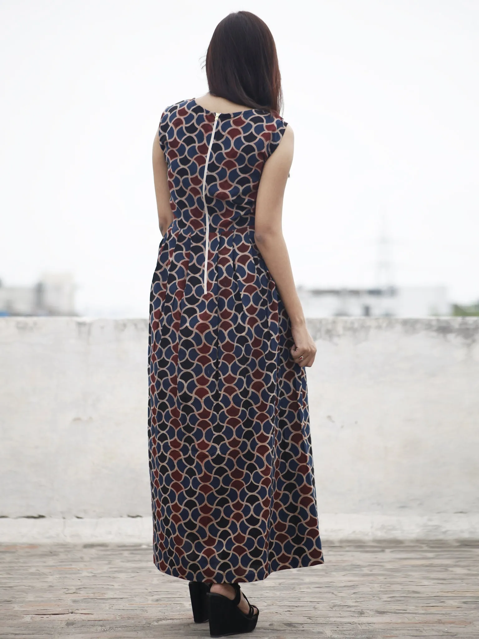 Indigo Maroon Black Long Ajrakh Hand Block Printed Cotton Dress With Knife Pleats & Side Pockets - D32F636