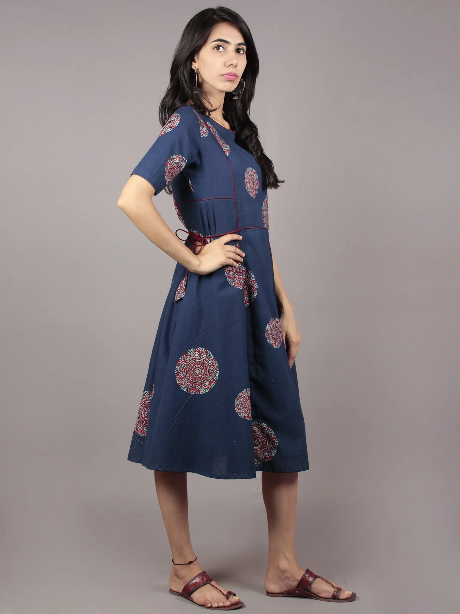 Indigo Maroon Ivory Ajrakh Block Printed Cotton Panel Dress With Side Tie Up - D58F684