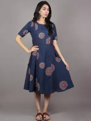 Indigo Maroon Ivory Ajrakh Block Printed Cotton Panel Dress With Side Tie Up - D58F684