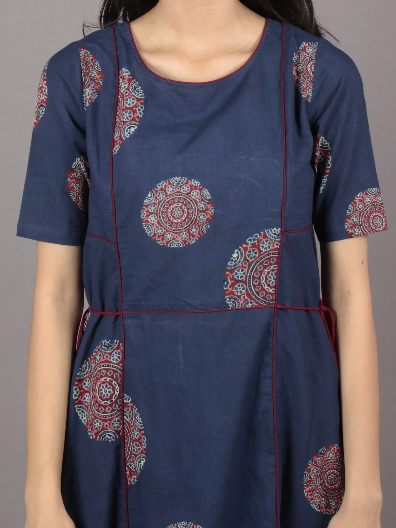 Indigo Maroon Ivory Ajrakh Block Printed Cotton Panel Dress With Side Tie Up - D58F684