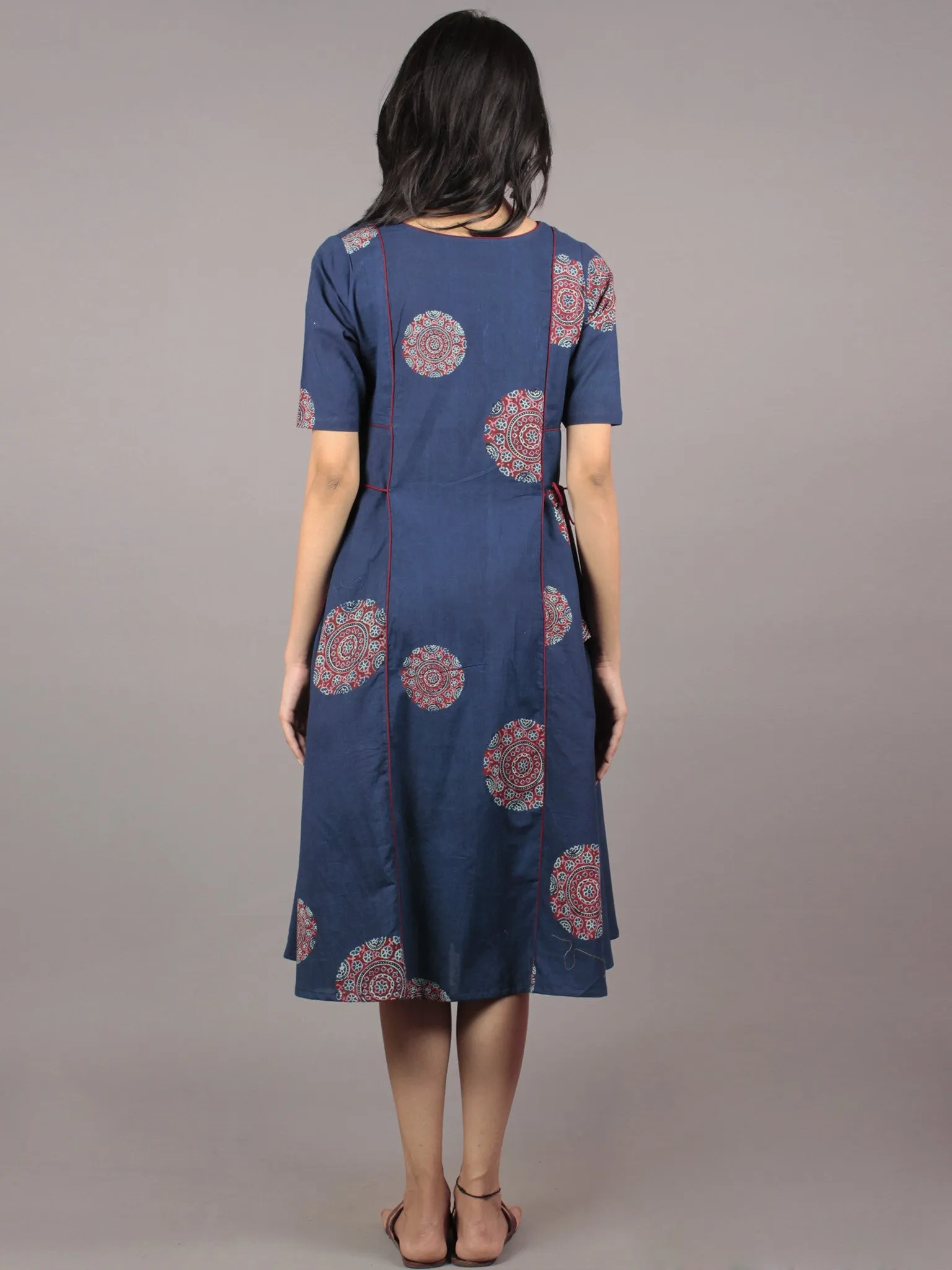 Indigo Maroon Ivory Ajrakh Block Printed Cotton Panel Dress With Side Tie Up - D58F684