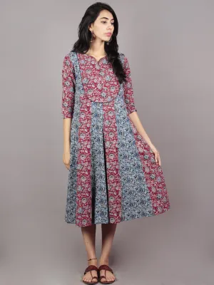 Indigo Maroon Ivory Black Ajrakh Block Printed Kalidaar Cotton Dress  - D63F689