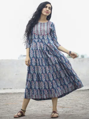 Indigo Maroon Ivory Black Pleated Ajrakh Printed Cotton Midi Dress with Side Pockets   - D71F845