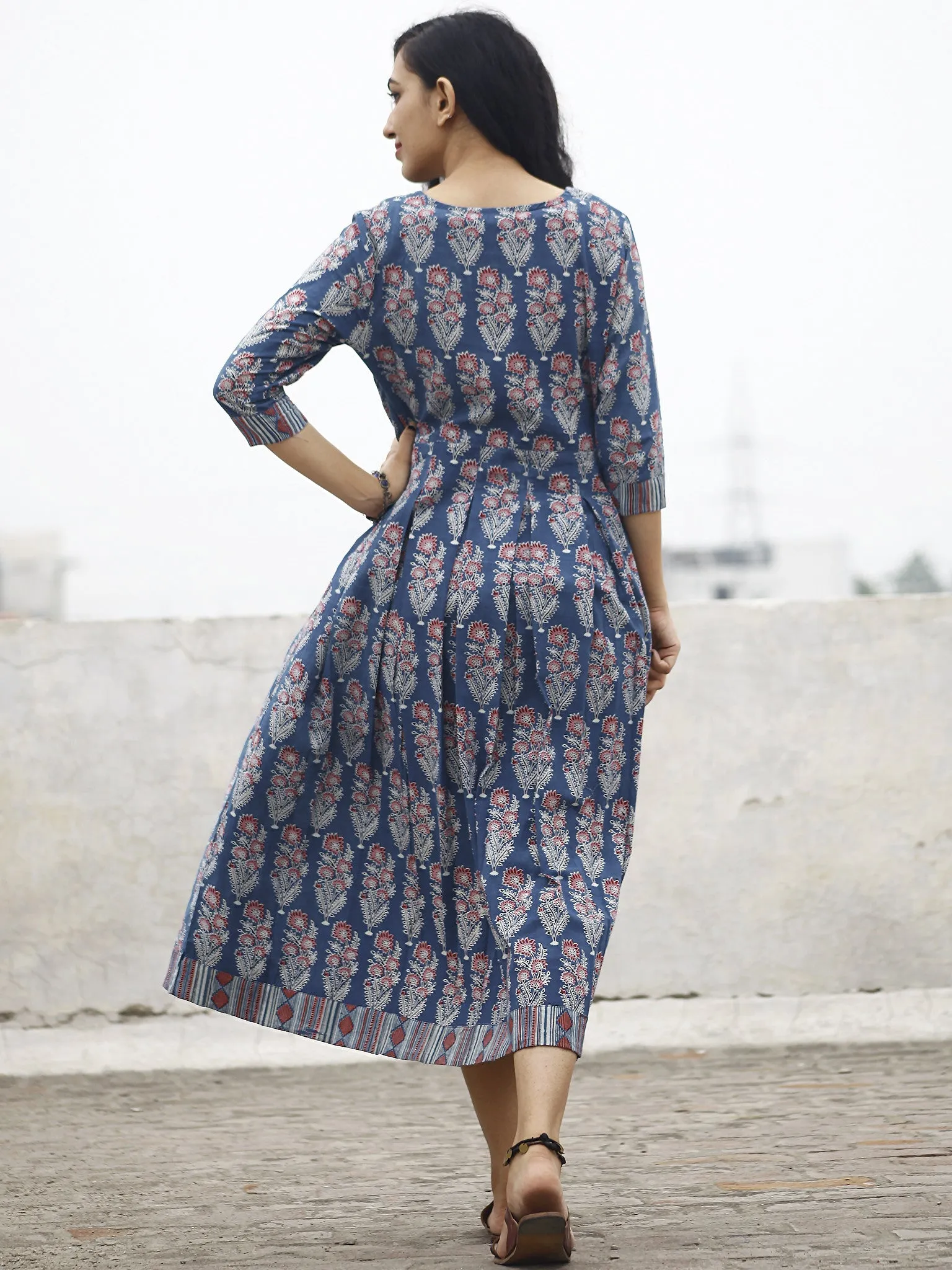 Indigo Maroon Ivory Black Pleated Ajrakh Printed Cotton Midi Dress with Side Pockets   - D71F845