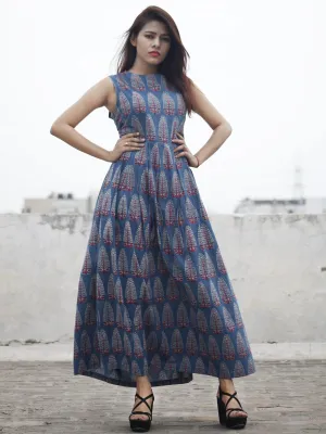 Indigo Maroon Ivory Long Ajrakh Hand Block Printed Cotton Dress With Knife Pleats & Side Pockets - D32F866