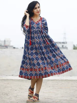 Indigo Maroon White Ajrakh Hand Block Printed Cotton Dress With Gathers And Tassel  - D73F844