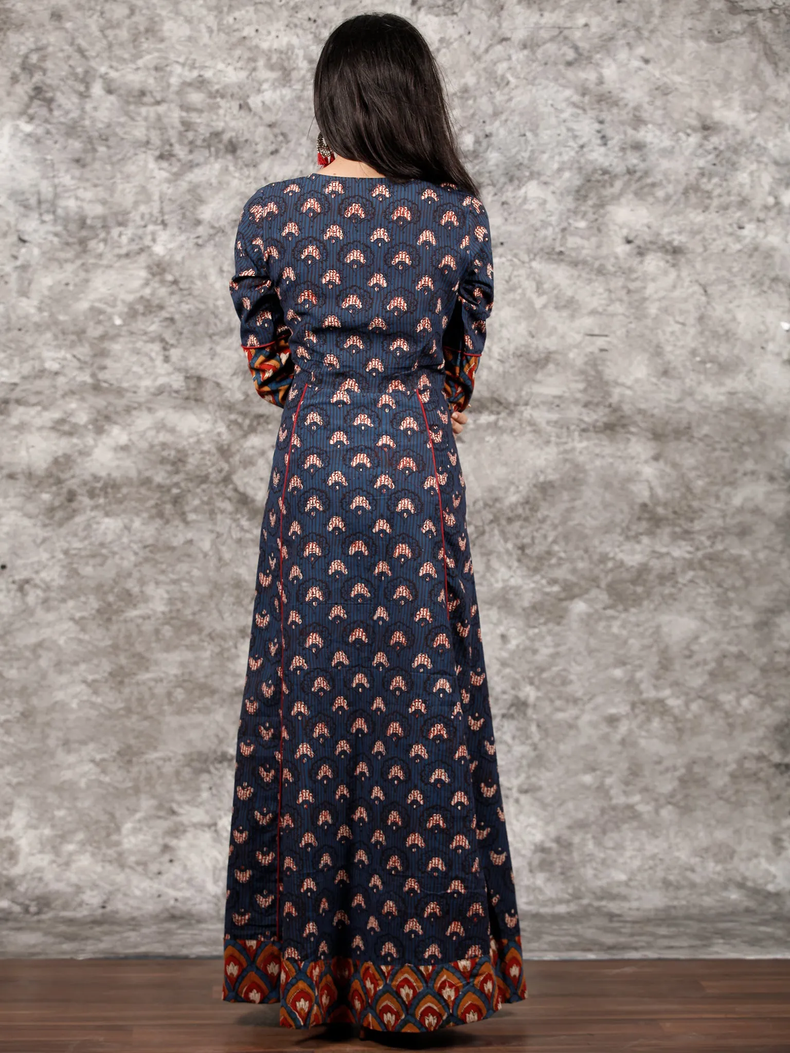 Indigo Mustard Red Hand Block Printed Long Cotton Dress With Pin tucks Details  - D186F998