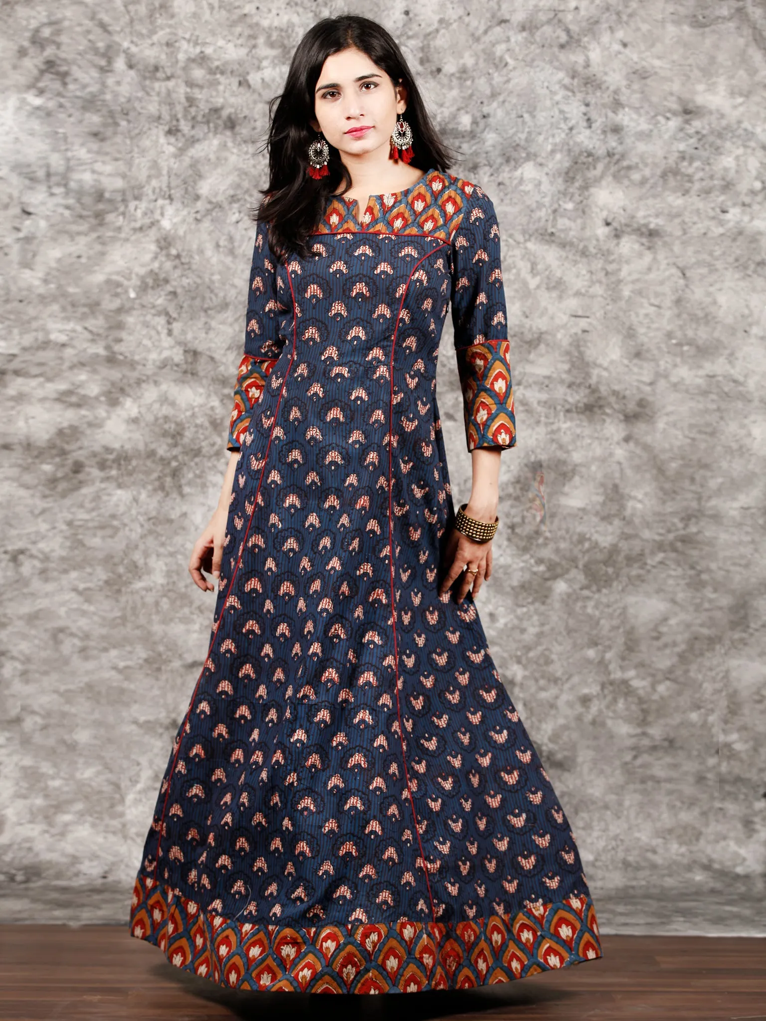 Indigo Mustard Red Hand Block Printed Long Cotton Dress With Pin tucks Details  - D186F998