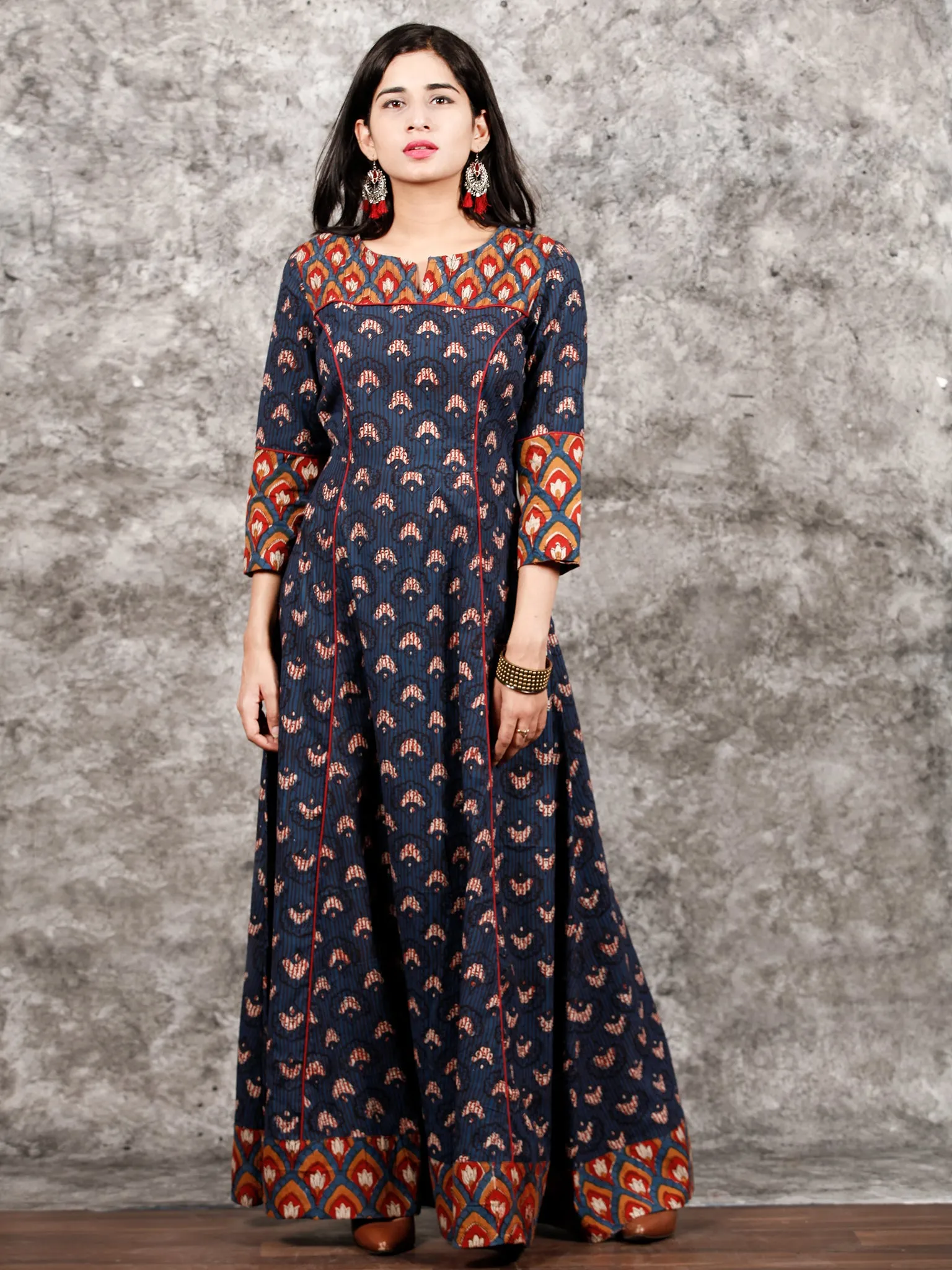 Indigo Mustard Red Hand Block Printed Long Cotton Dress With Pin tucks Details  - D186F998