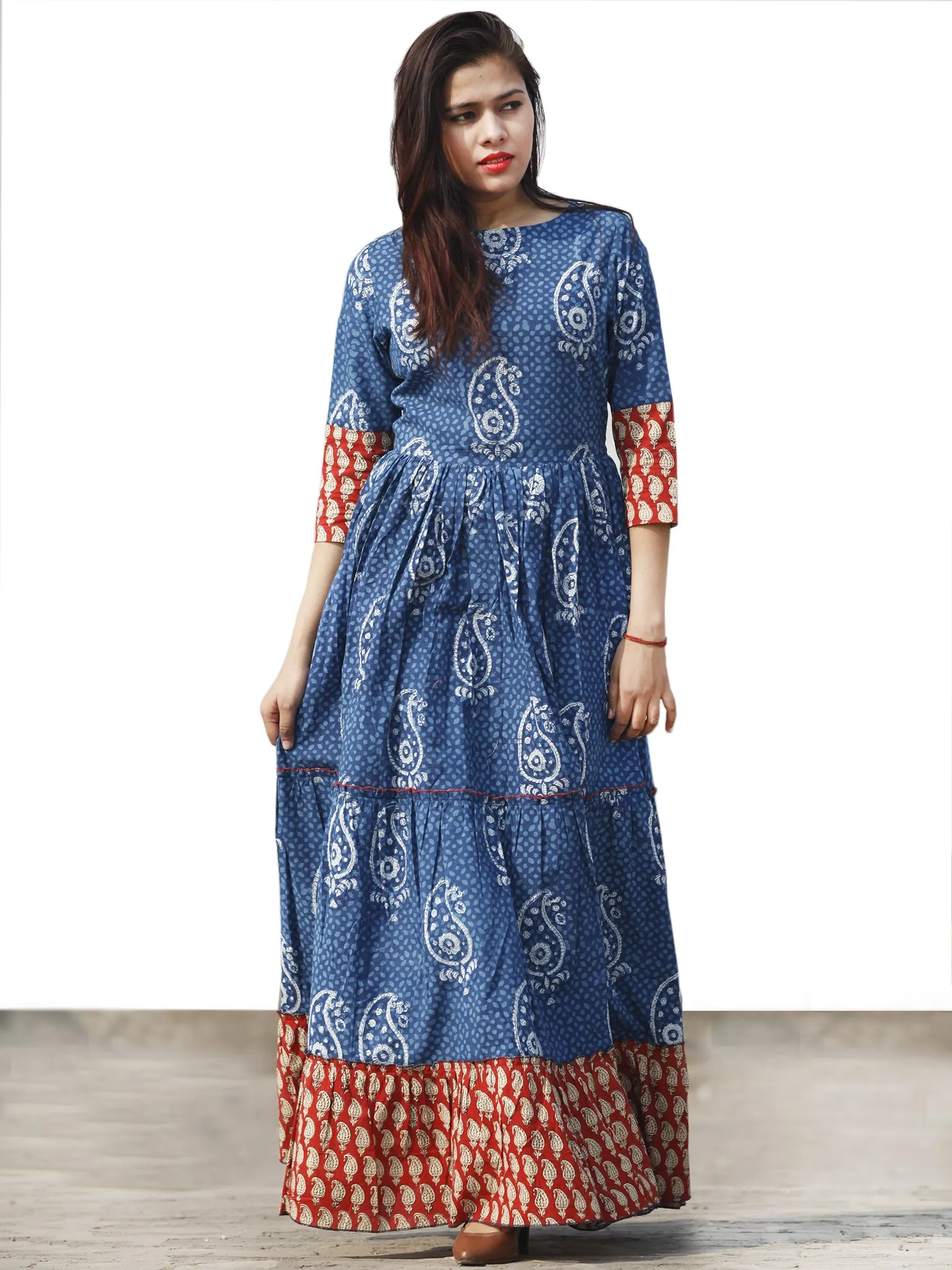 Indigo Red Beige Long Hand Block Paisely Printed Cotton Tier Dress  - D179F1101