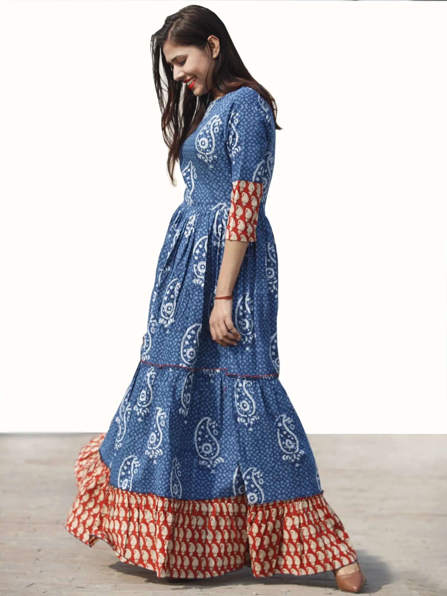 Indigo Red Beige Long Hand Block Paisely Printed Cotton Tier Dress  - D179F1101