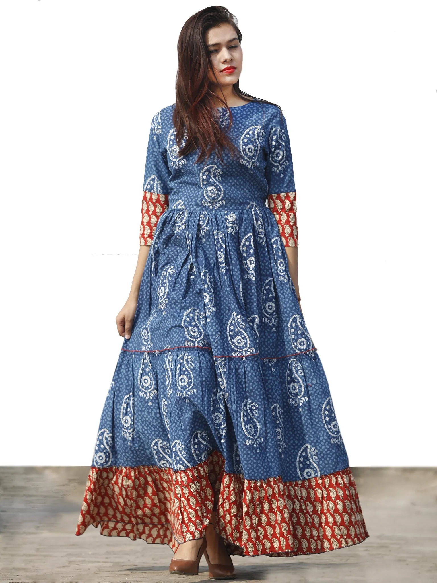 Indigo Red Beige Long Hand Block Paisely Printed Cotton Tier Dress  - D179F1101