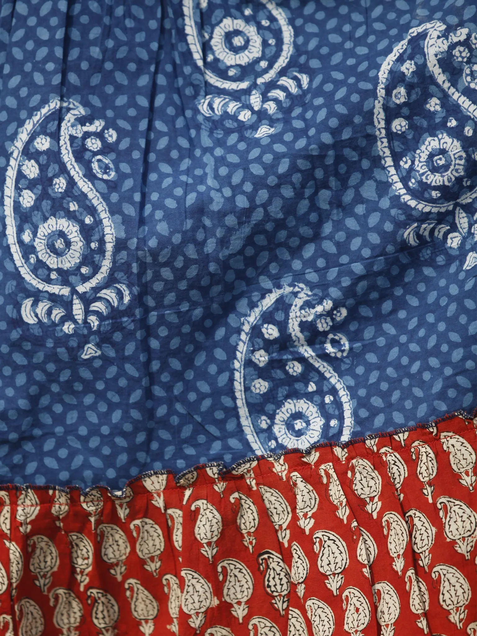 Indigo Red Beige Long Hand Block Paisely Printed Cotton Tier Dress  - D179F1101