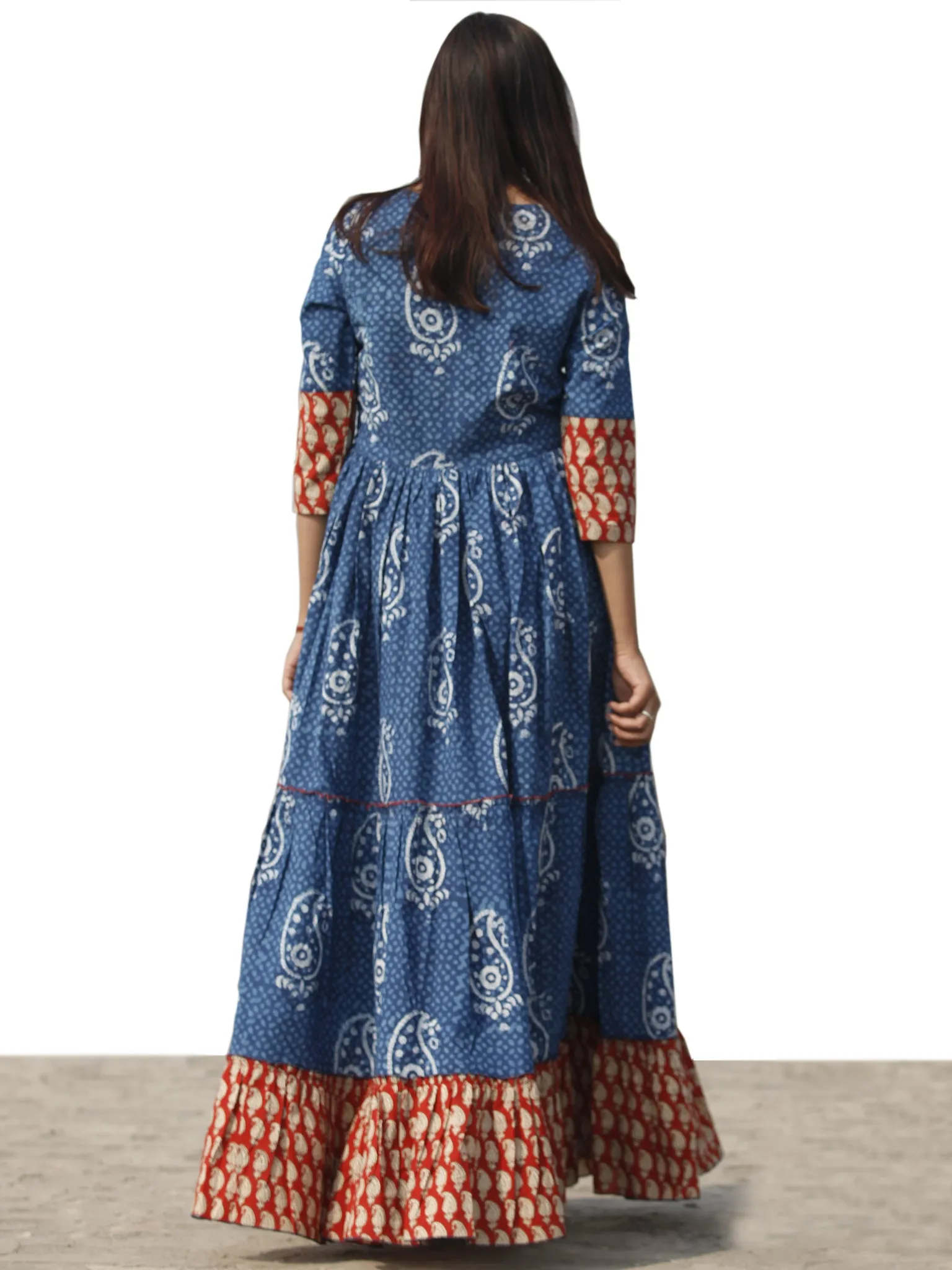 Indigo Red Beige Long Hand Block Paisely Printed Cotton Tier Dress  - D179F1101