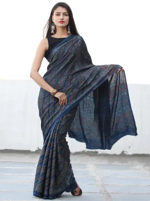 Indigo Red Black Ajrakh Hand Block Printed Modal Silk Saree  - S031703908