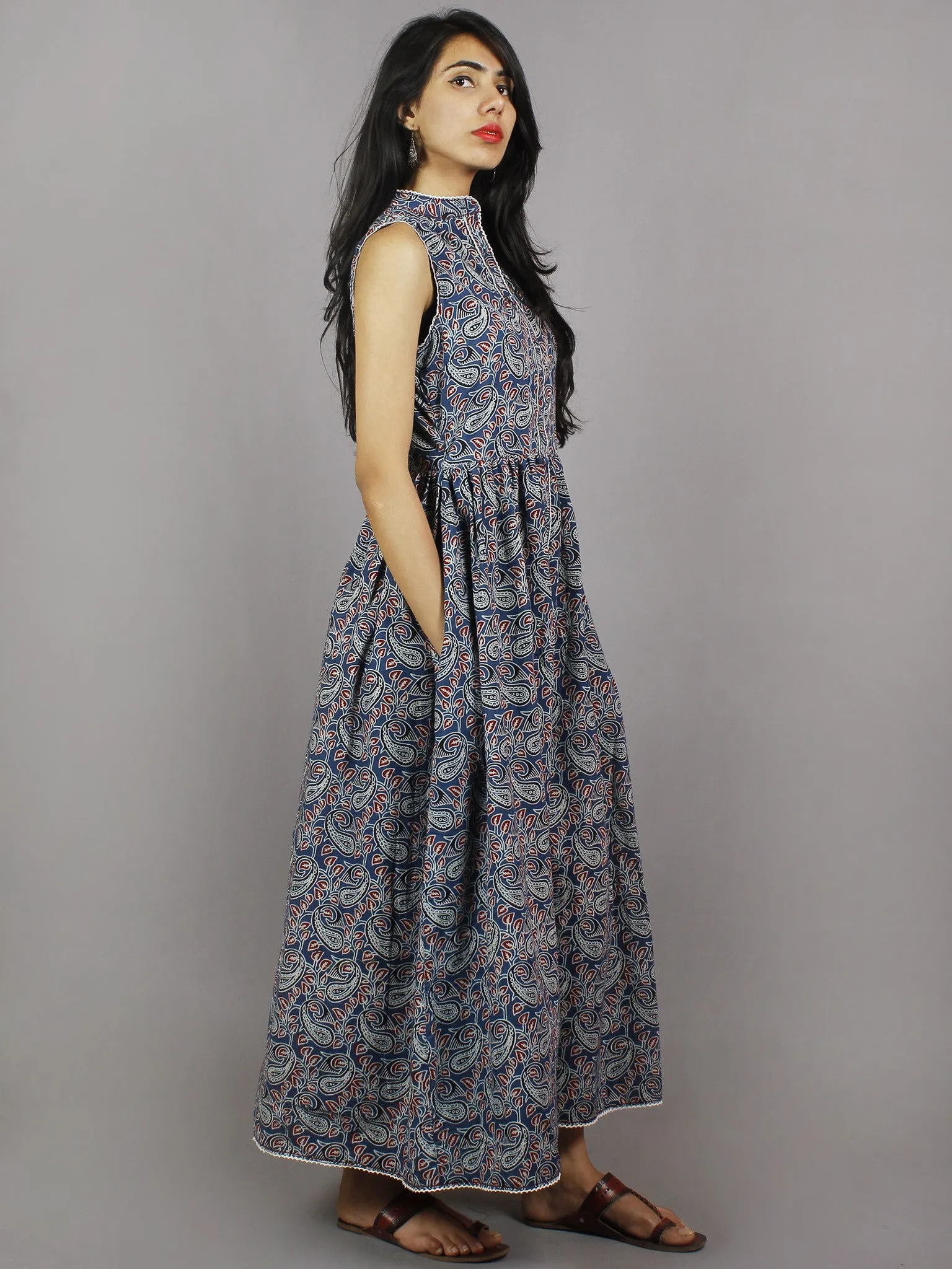 Indigo Red Black Ivory Long Sleeveless Ajrakh Printed Cotton Dress With Pleats & Side Pockets - D3348301