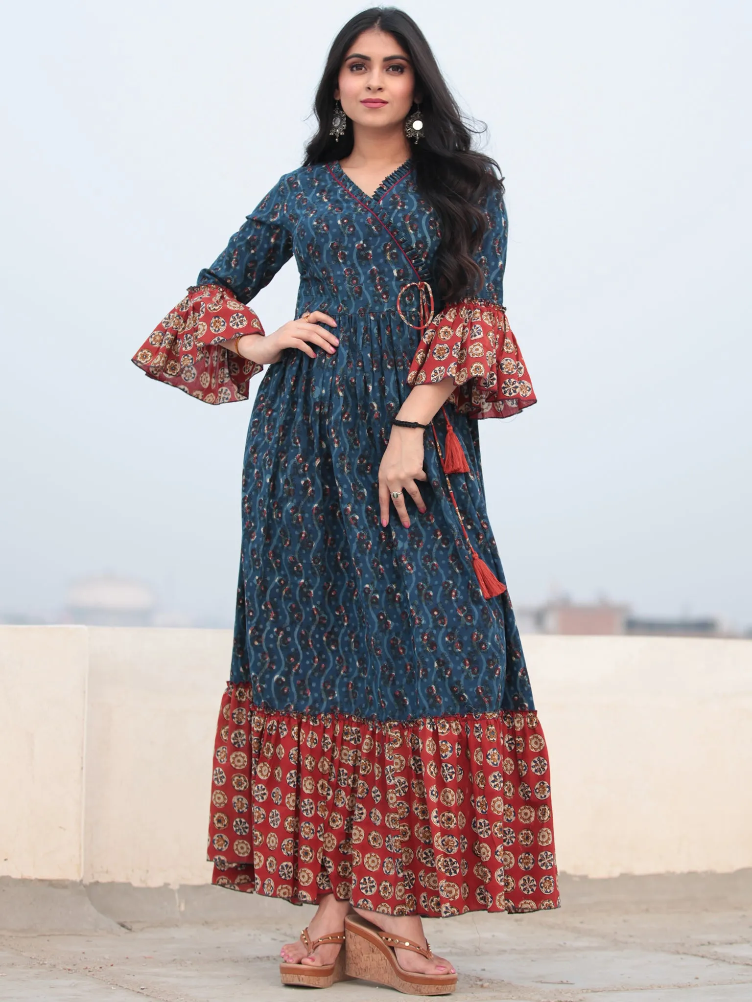 Indigo Red Hand Block Printed Angrakha Style Cotton Long Dress D464F2142