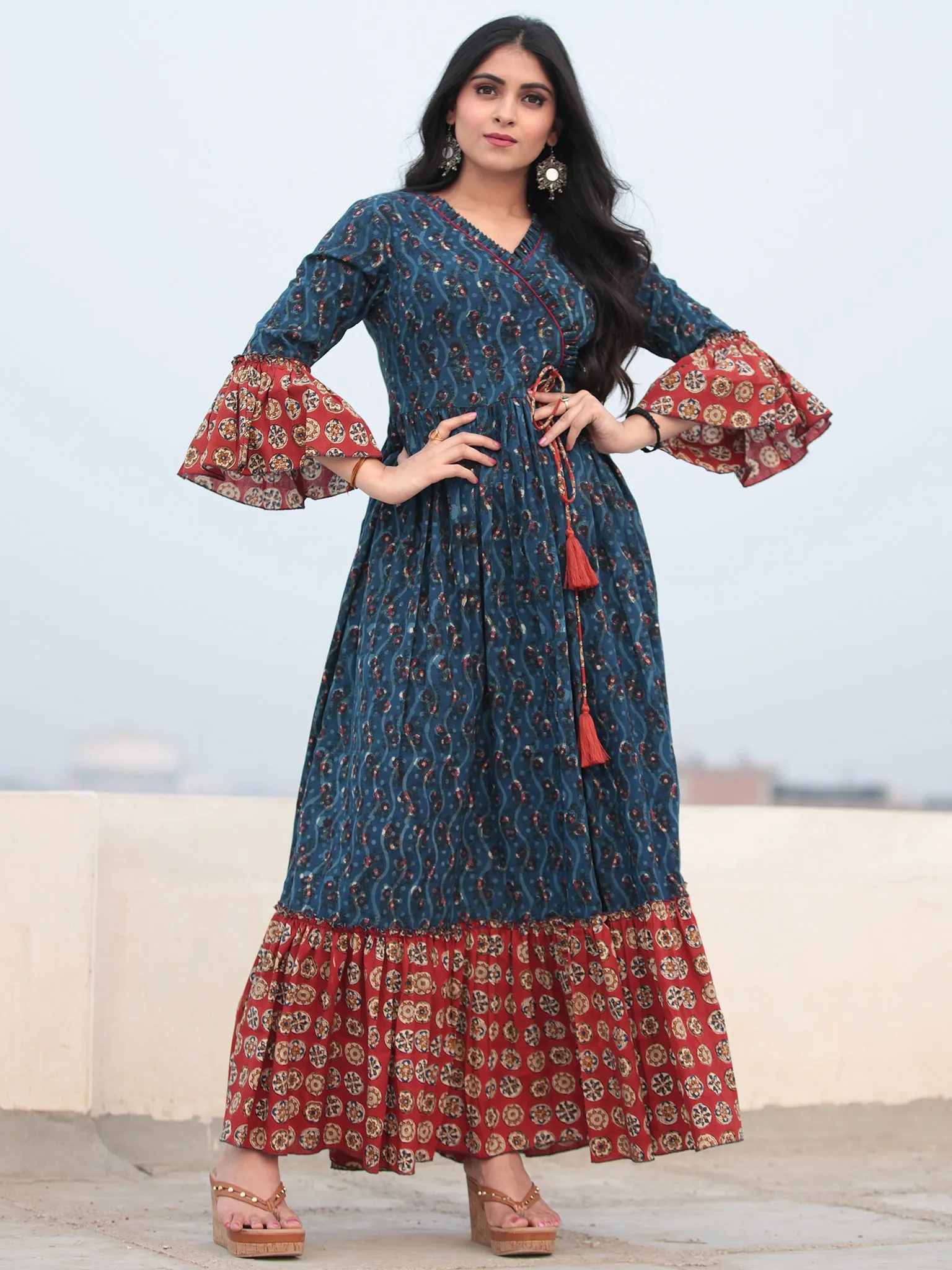 Indigo Red Hand Block Printed Angrakha Style Cotton Long Dress D464F2142