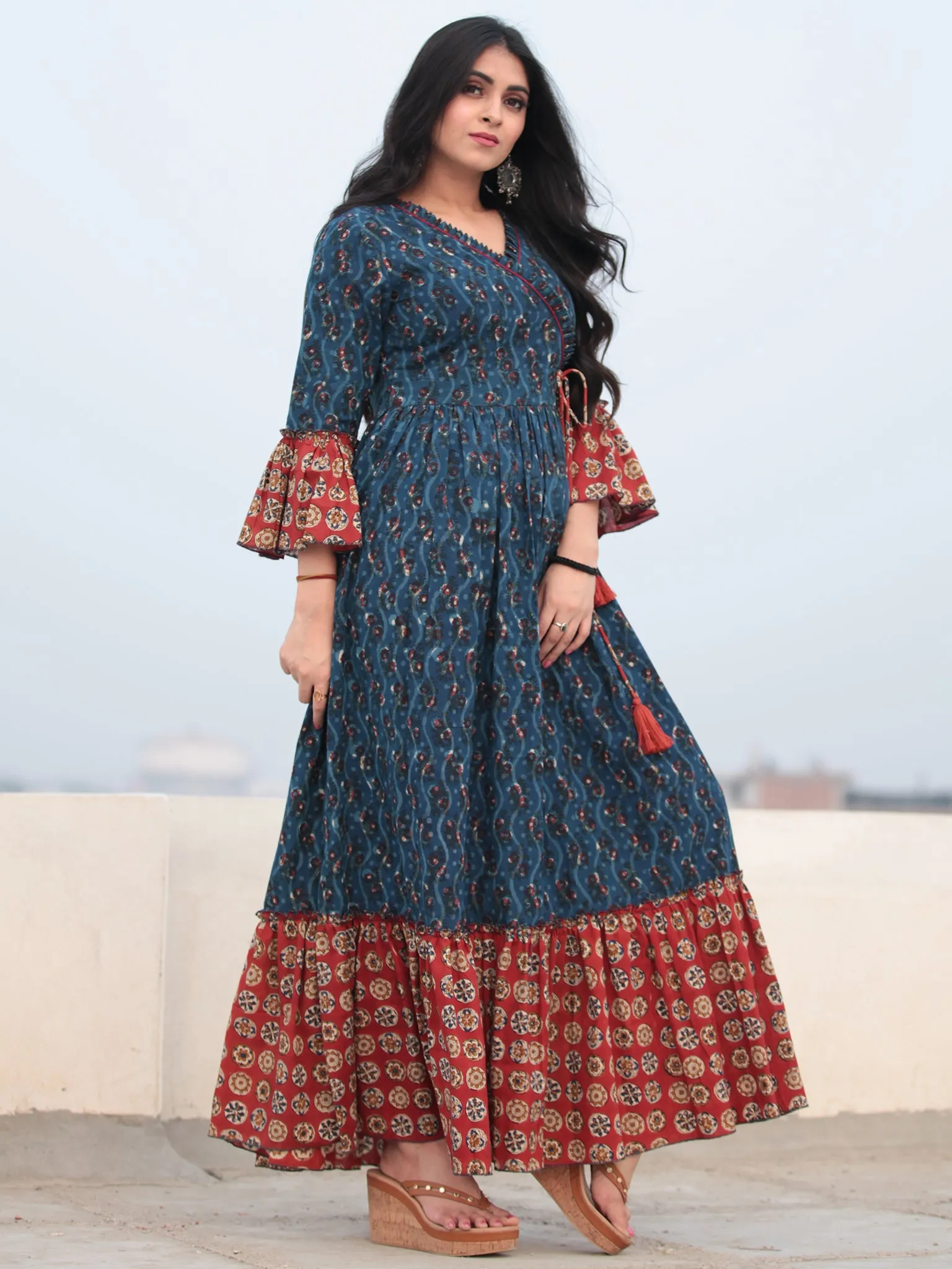 Indigo Red Hand Block Printed Angrakha Style Cotton Long Dress D464F2142