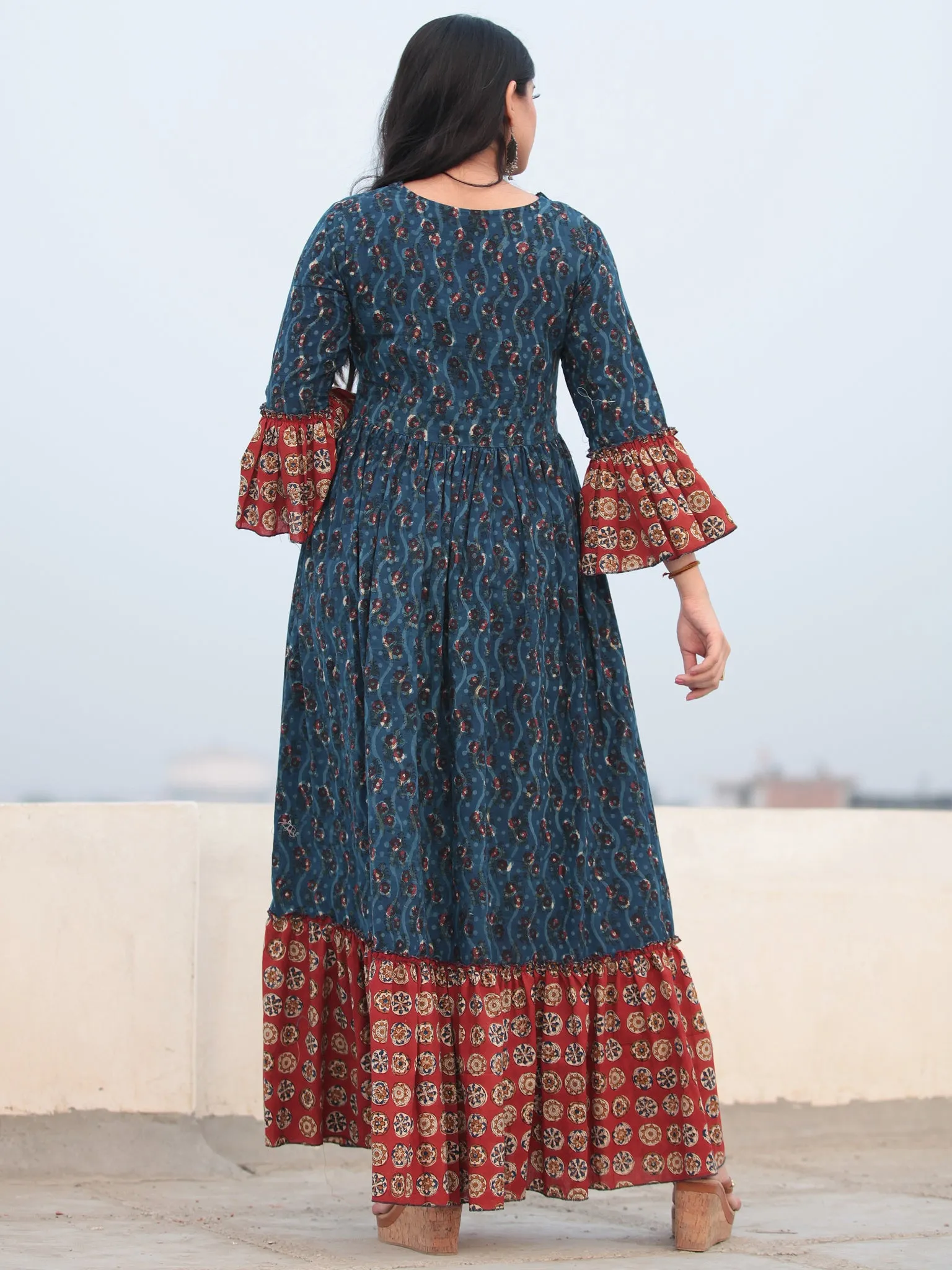 Indigo Red Hand Block Printed Angrakha Style Cotton Long Dress D464F2142