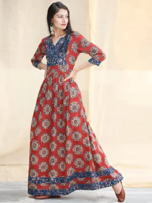 Indigo Red - Hand Block Printed Cotton Long Dress With Pockets  - D339F1825