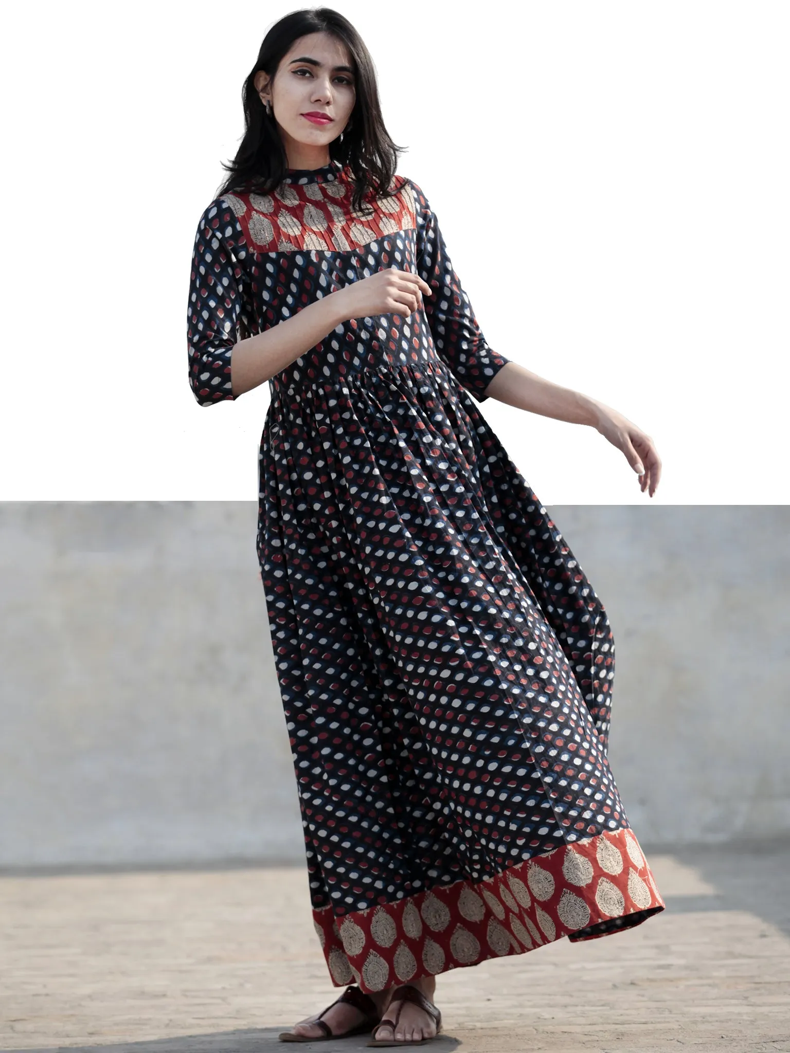 Indigo Red White Ivory Hand Block Printed Long Cotton Dress With Stand Collar and Pintuck - D214F895