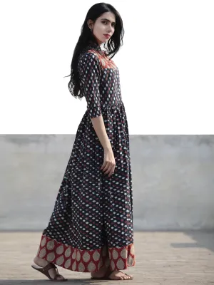 Indigo Red White Ivory Hand Block Printed Long Cotton Dress With Stand Collar and Pintuck - D214F895