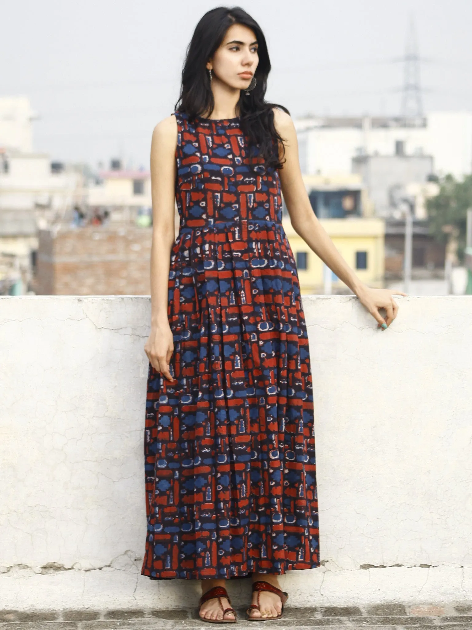 Indigo Red White Long Sleeveless Hand Block Printed Cotton Dress With Knife Pleats & Side Pockets - D32F601