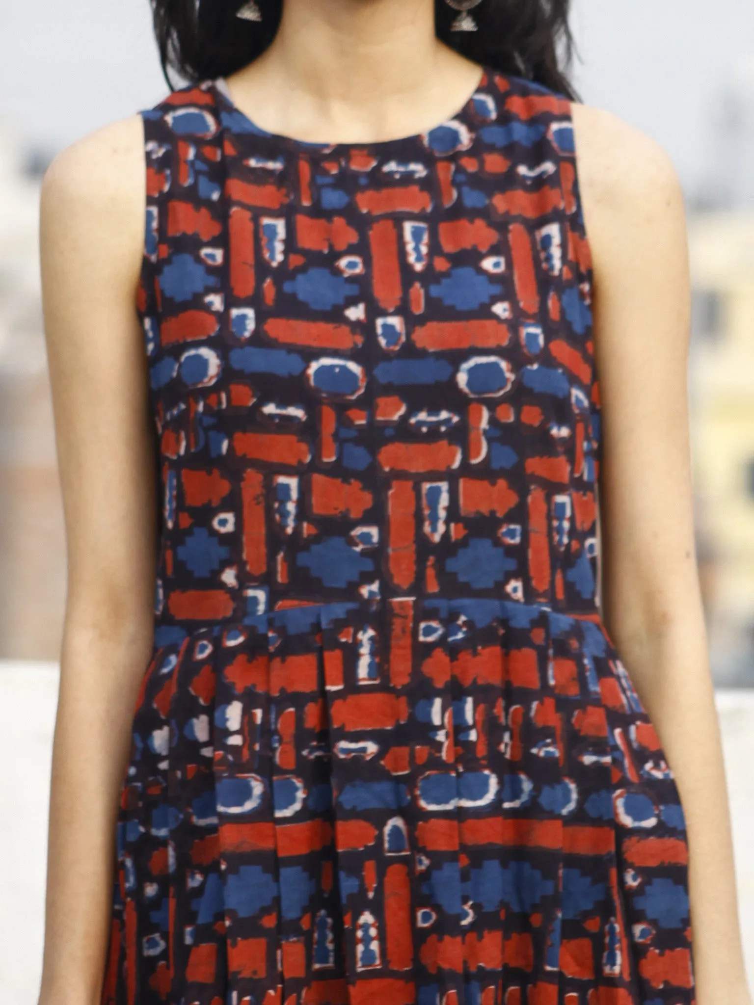 Indigo Red White Long Sleeveless Hand Block Printed Cotton Dress With Knife Pleats & Side Pockets - D32F601