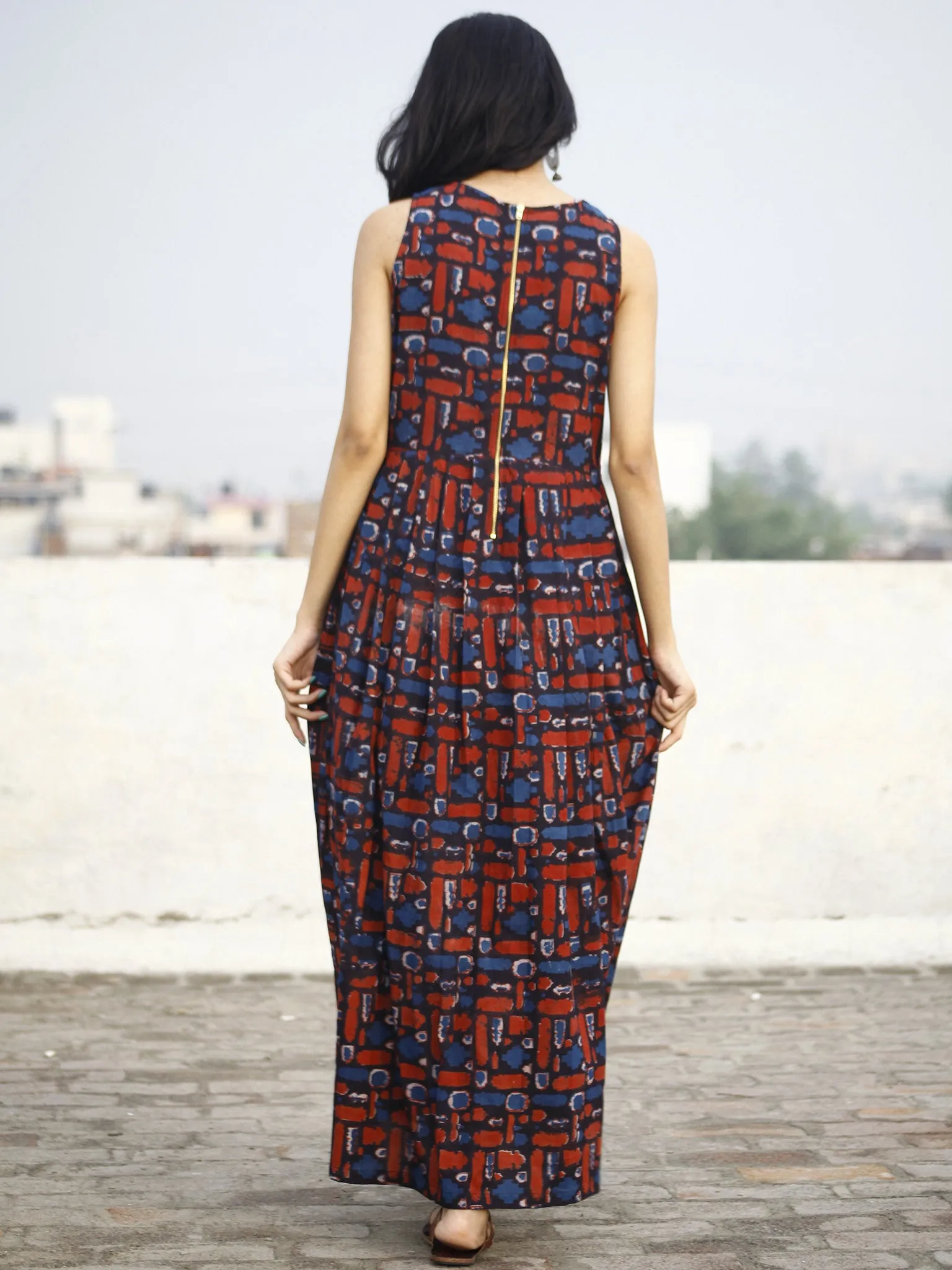 Indigo Red White Long Sleeveless Hand Block Printed Cotton Dress With Knife Pleats & Side Pockets - D32F601