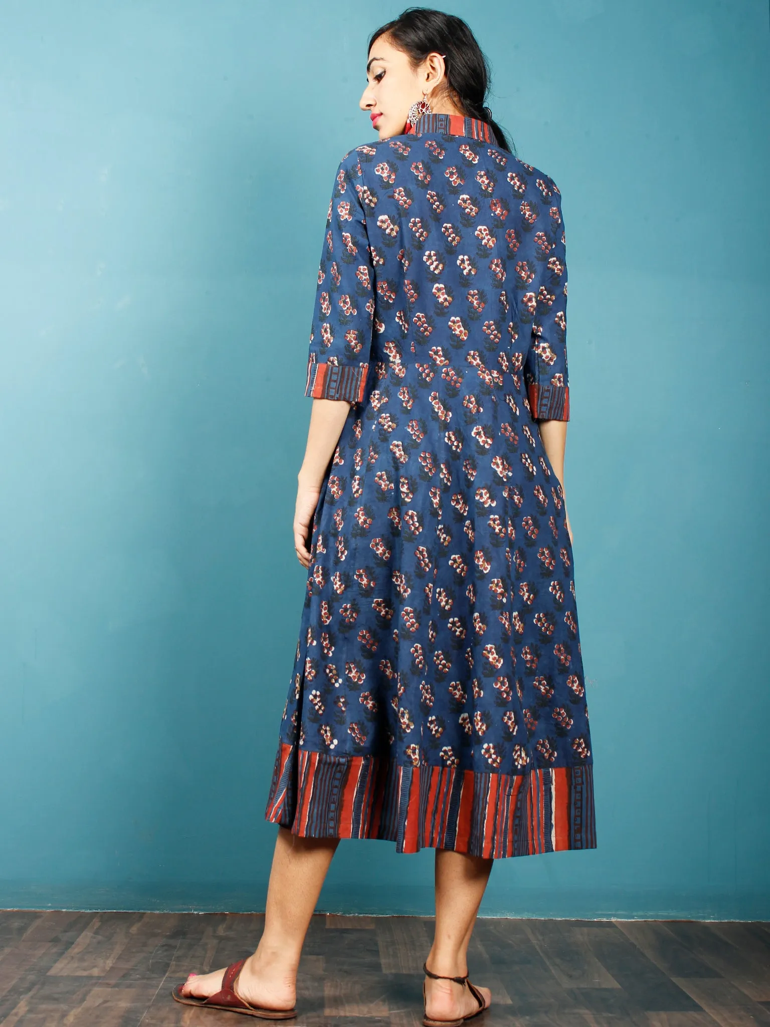 Indigo Rust Beige Ivory Hand Block Printed Cotton Midi Dress With Shirt Collar - D262F1388