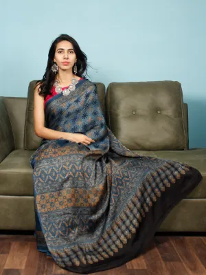 Indigo Rust Black Ajrakh Hand Block Printed Modal Silk Saree in Natural Colors - S031703350