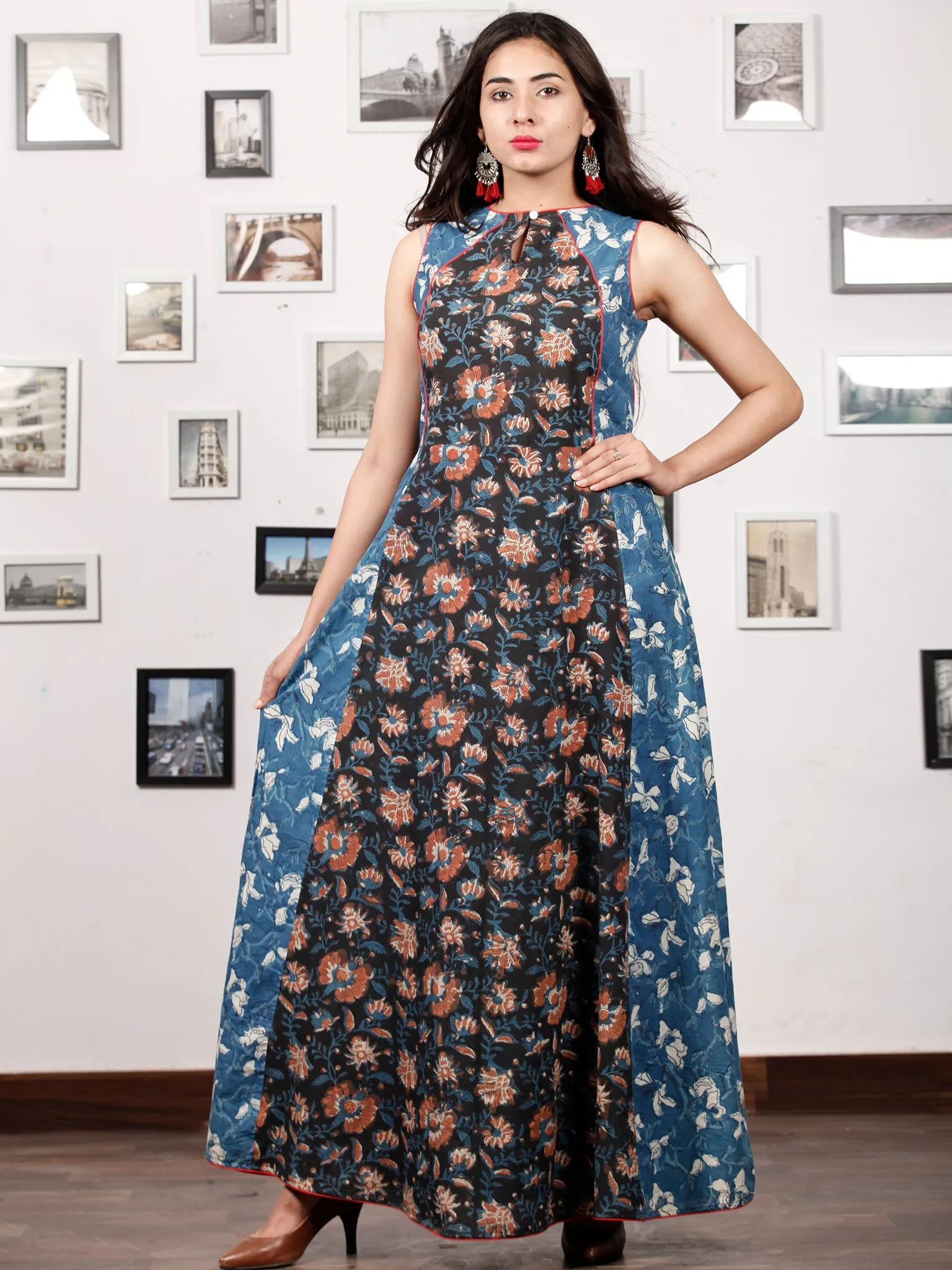 INDIGO RUST - Hand Block Printed Cotton Long Dress  - D327F1399