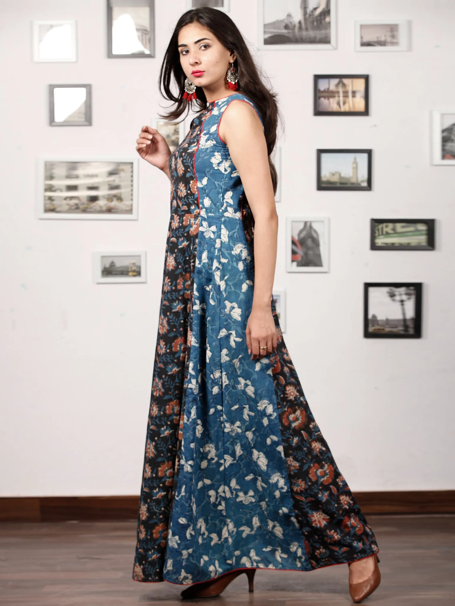 INDIGO RUST - Hand Block Printed Cotton Long Dress  - D327F1399