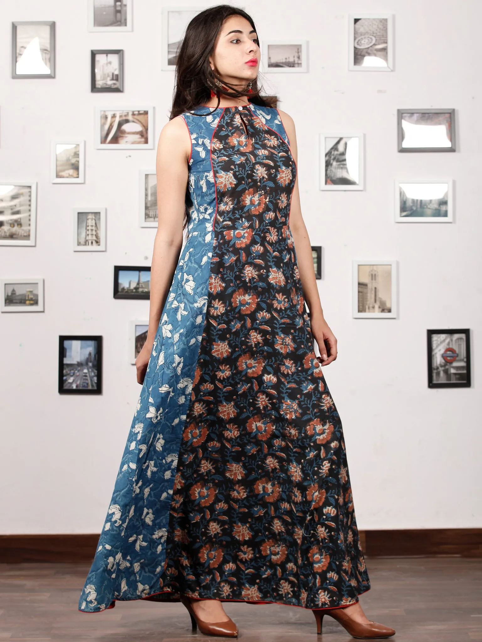 INDIGO RUST - Hand Block Printed Cotton Long Dress  - D327F1399