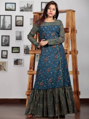 Indigo Rust Hunter Green Yellow Hand Block Printed Long Dress With Front Slit - D226F1319