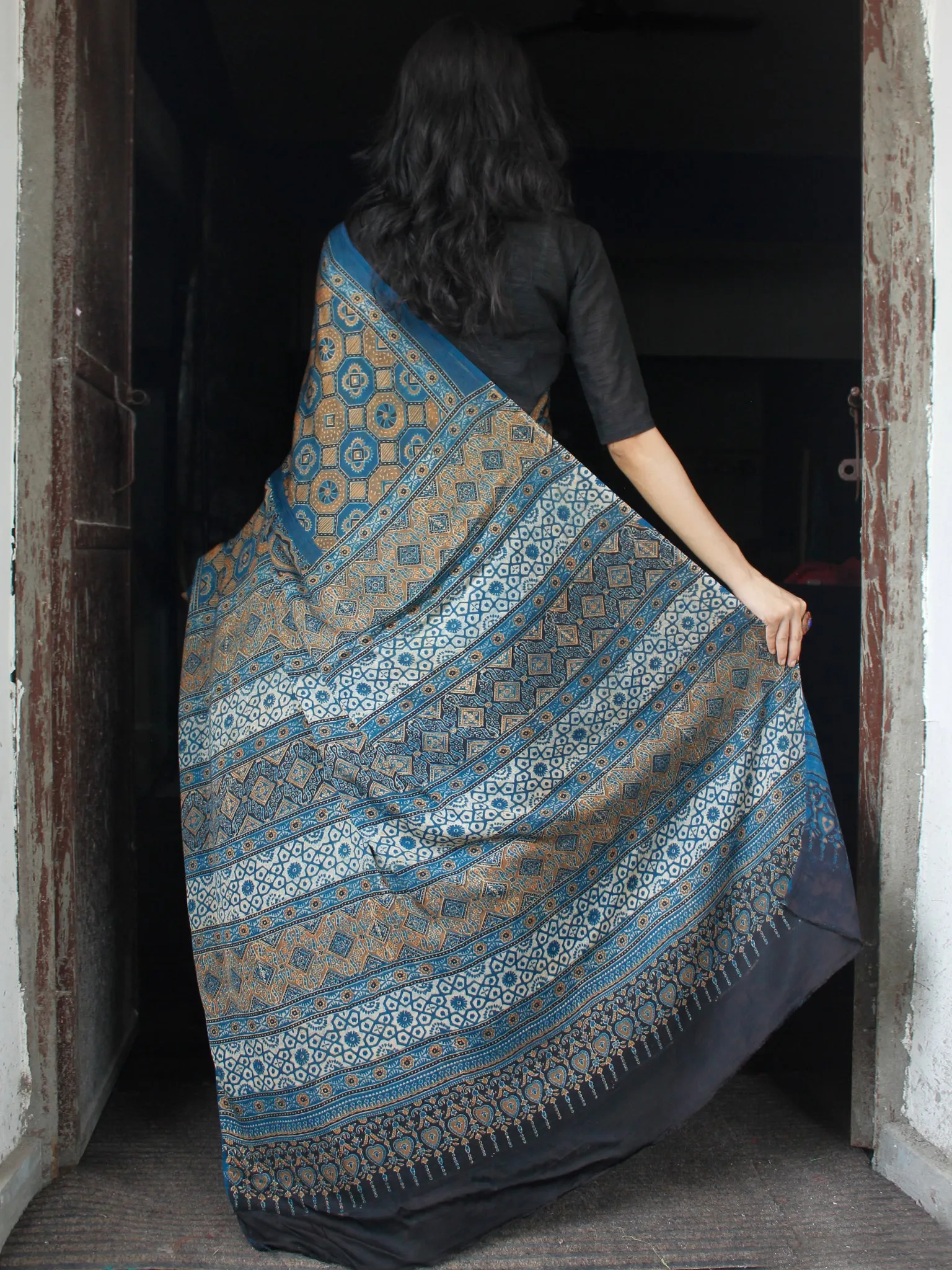 Indigo Rust Ivory Black Ajrakh Hand Block Printed Modal Silk Saree in Natural Colors - S031703355