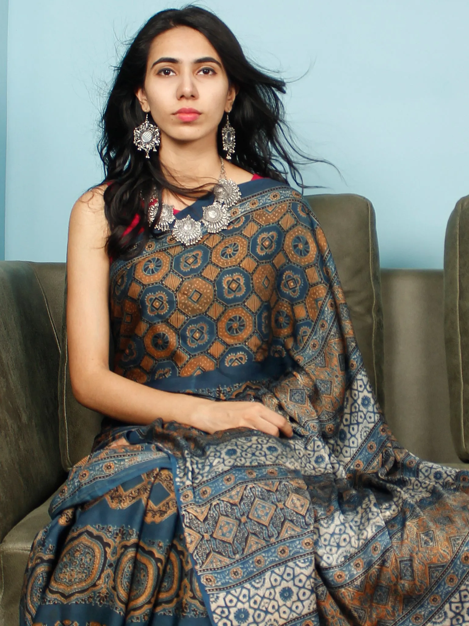 Indigo Rust Ivory Black Ajrakh Hand Block Printed Modal Silk Saree in Natural Colors - S031703355