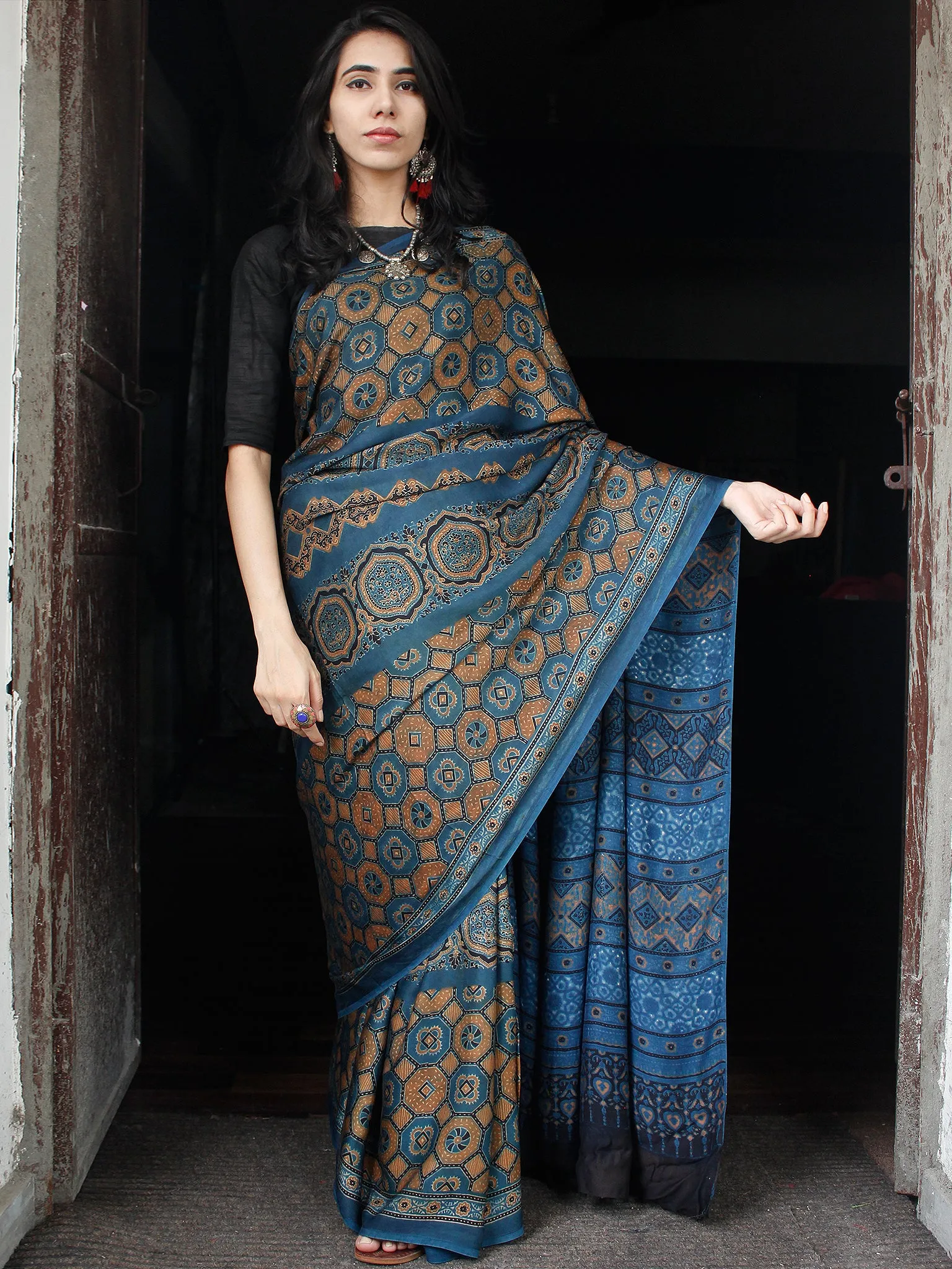 Indigo Rust Ivory Black Ajrakh Hand Block Printed Modal Silk Saree in Natural Colors - S031703355