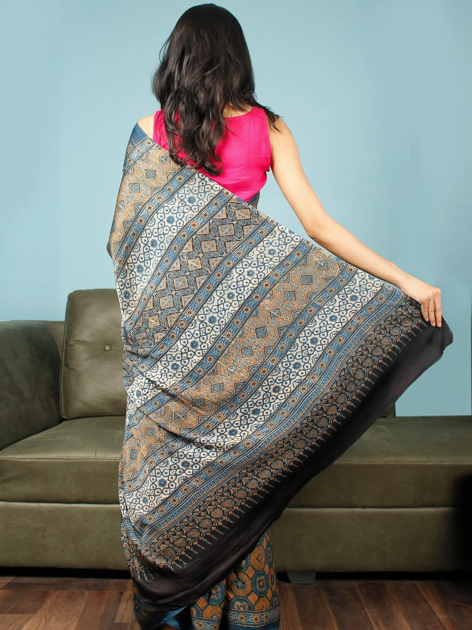 Indigo Rust Ivory Black Ajrakh Hand Block Printed Modal Silk Saree in Natural Colors - S031703355