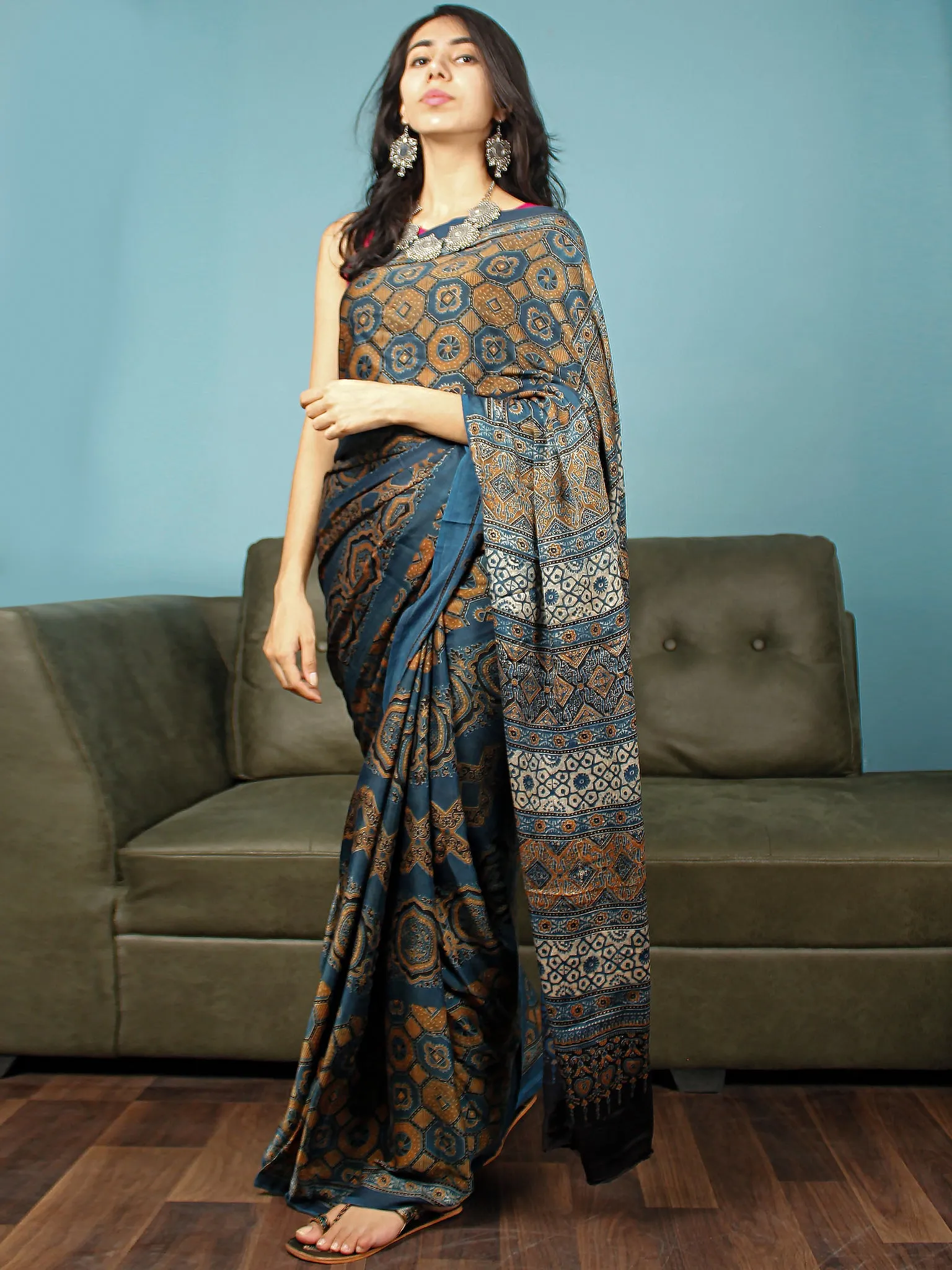 Indigo Rust Ivory Black Ajrakh Hand Block Printed Modal Silk Saree in Natural Colors - S031703355