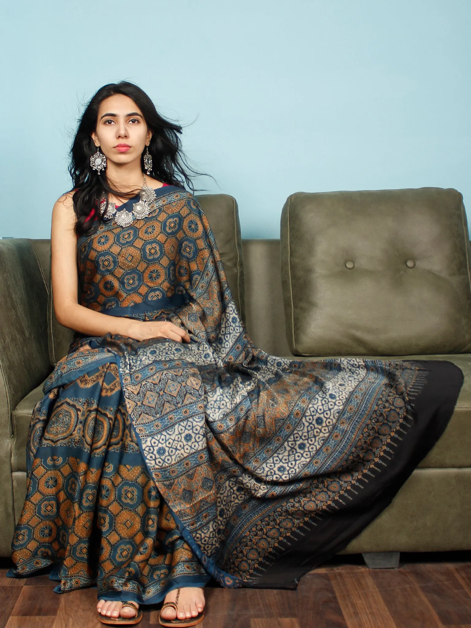 Indigo Rust Ivory Black Ajrakh Hand Block Printed Modal Silk Saree in Natural Colors - S031703355