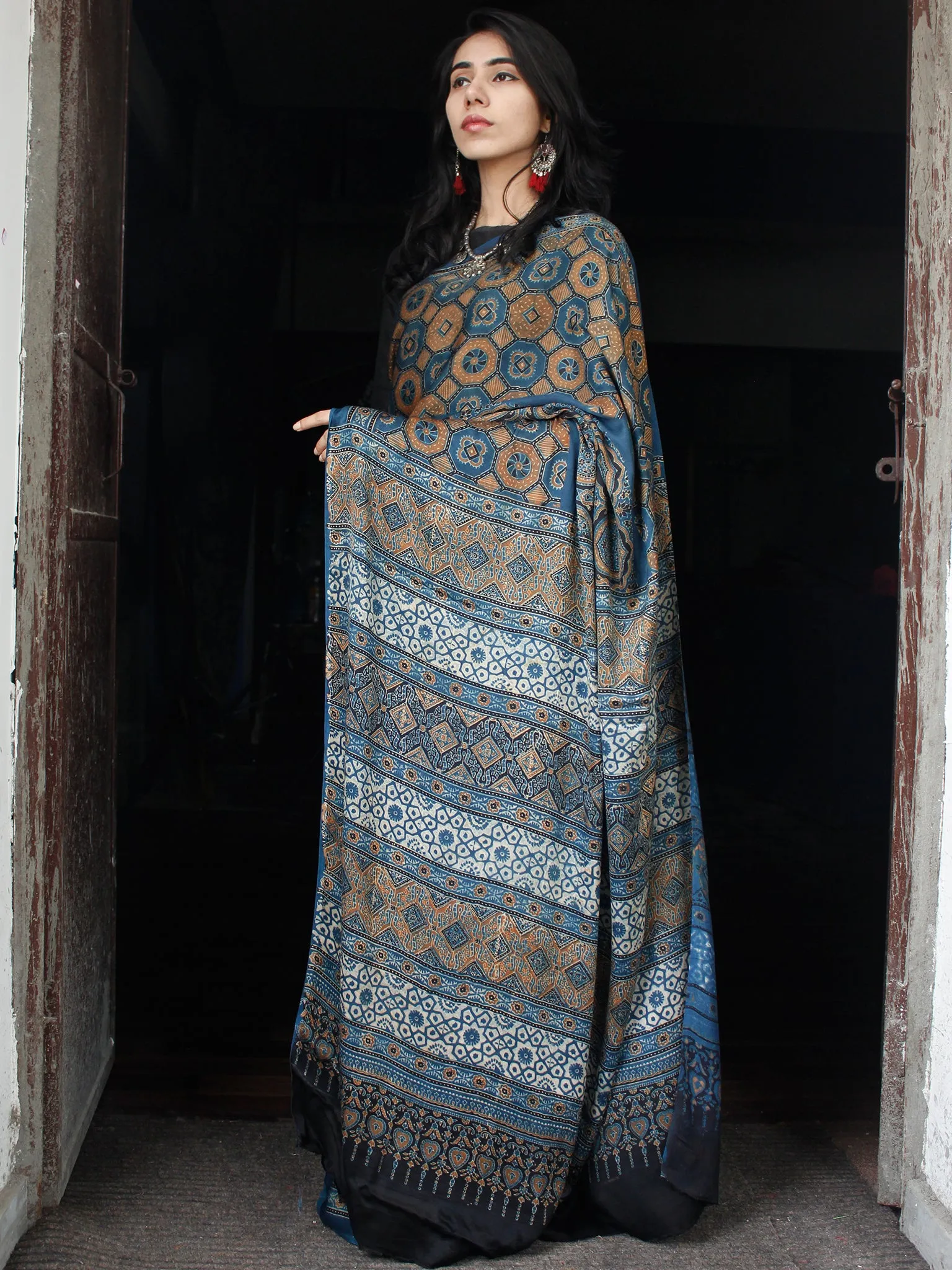 Indigo Rust Ivory Black Ajrakh Hand Block Printed Modal Silk Saree in Natural Colors - S031703355