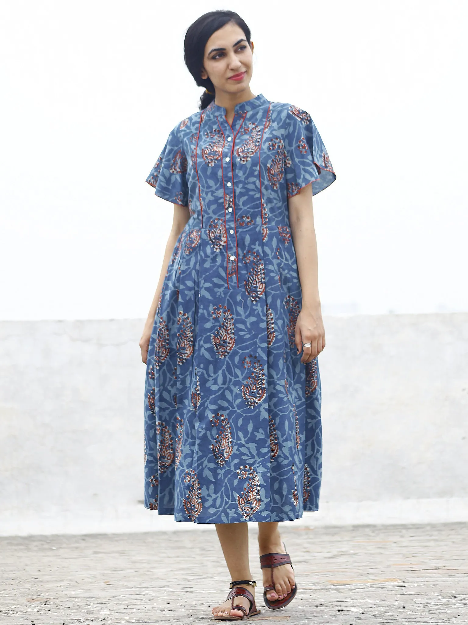 Indigo Rust Ivory Hand Block Cotton Pleated Dress With Side Pockets  - D74F769