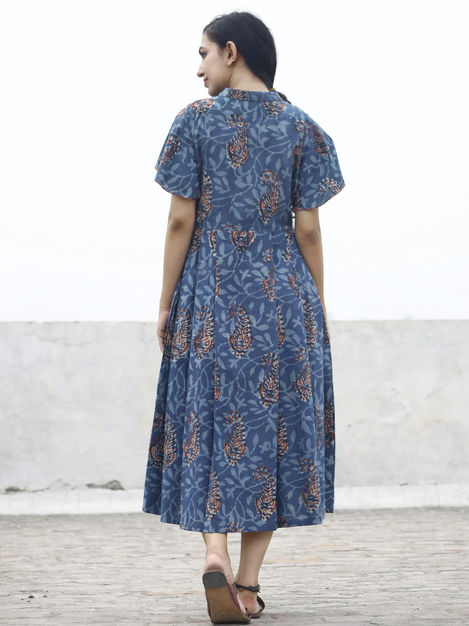 Indigo Rust Ivory Hand Block Cotton Pleated Dress With Side Pockets  - D74F769